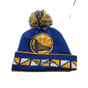 VTG Mitchell & Ness Golden‎ State Warriors Beanie Cap Unisex Blue Yellow Pom Pom